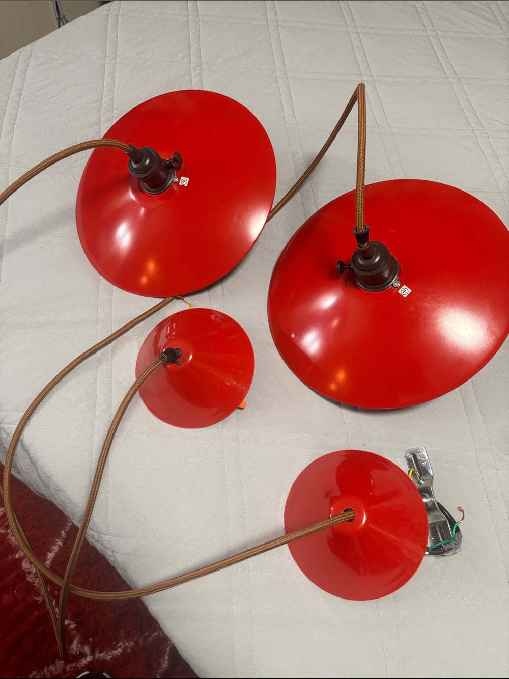 Set of 2 Red Pendant Light Fixtures with Exposed Bulb - Picture 2 of 6